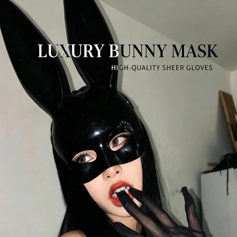 Máscara de conejo negro brillante, máscara de media cara con orejas largas, accesorio para disfraces de Halloween, ideal para fiestas de carnaval.