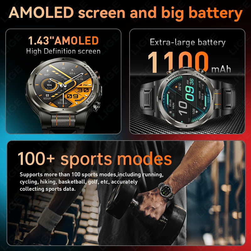 LIGE 2026 New 1100mAh Battery Smart Watch Waterproof Sports Tracker Health Monitoring Outdoor Compass Smartwatch With Flashlight