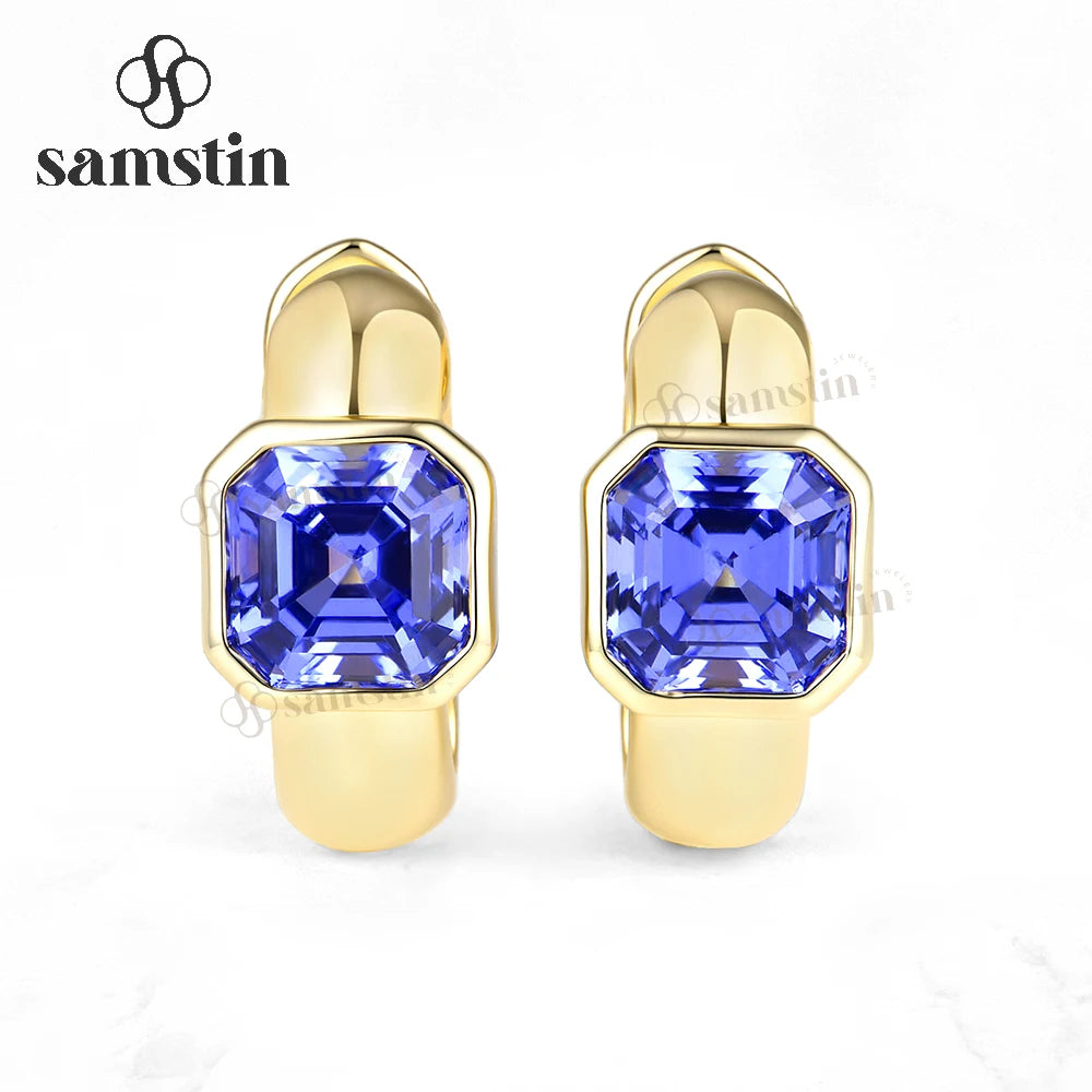 Pendientes de Aro Personalizados Samstin con 4CTW de Zafiro Azul Sintético para Mujer, Oro Amarillo Sólido de 14K 10K, para Regalos de Navidad y Fiestas