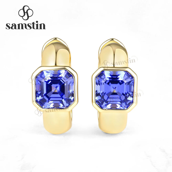 Pendientes de Aro Personalizados Samstin con 4CTW de Zafiro Azul Sintético para Mujer, Oro Amarillo Sólido de 14K 10K, para Regalos de Navidad y Fiestas