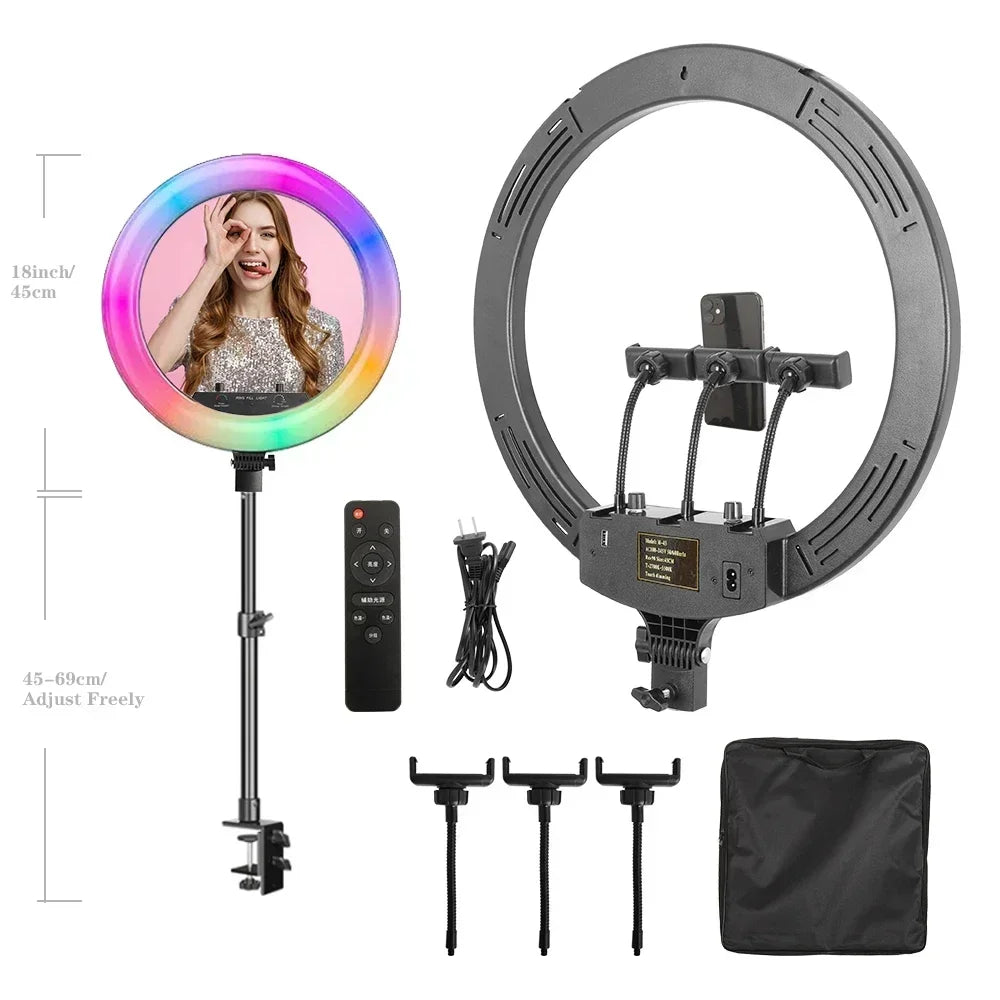 Anillo de Luz LED RGB para Selfies con Trípode, 11 Estilos, 18 Pulgadas (45 cm), Recargable por USB, Regulable, para Estudio Fotográfico