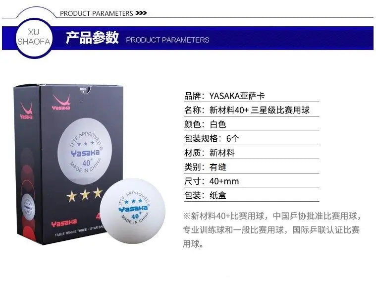 Pelotas de Tenis de Mesa Yasaka 3 Estrellas 40+ ABS, Nuevo Material, Pelotas de Ping Pong, Aprobadas por la ITTF, para Entrenamiento y Competición