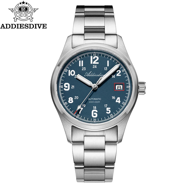 Reloj automático para hombre ADDIESDIVE NH35, reloj de lujo con cristal de zafiro, correa de cuero o acero inoxidable, luminiscencia BGW9 y resistencia al agua de 200 m