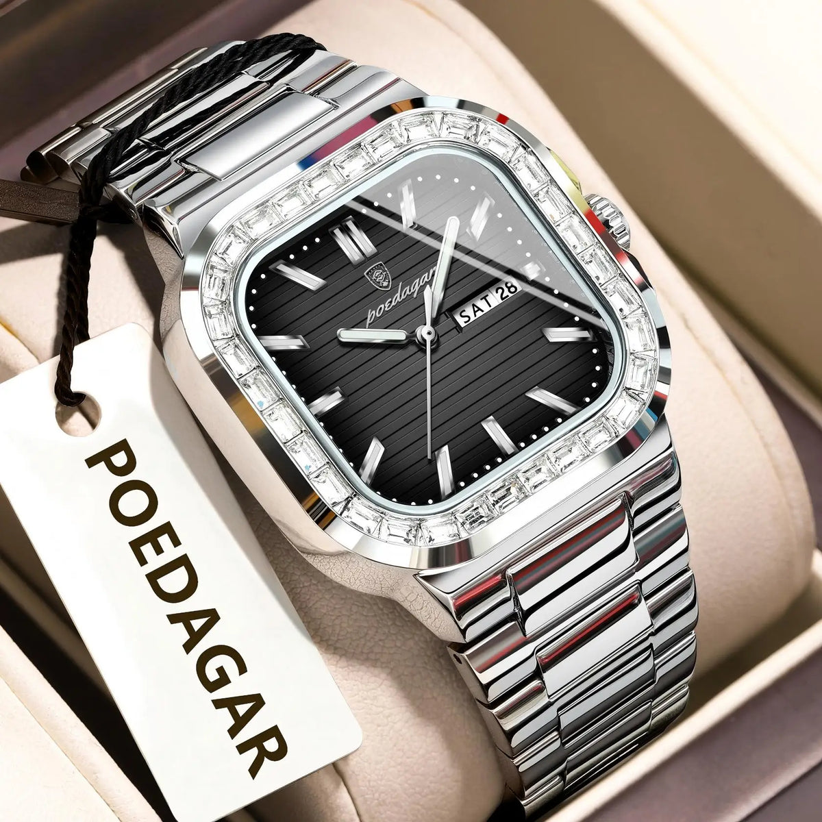 Reloj de cuarzo cuadrado para hombre POEDAGAR, a la moda, con fecha, semana, resistente al agua y luminoso, reloj de pulsera deportivo de lujo en acero inoxidable para hombre