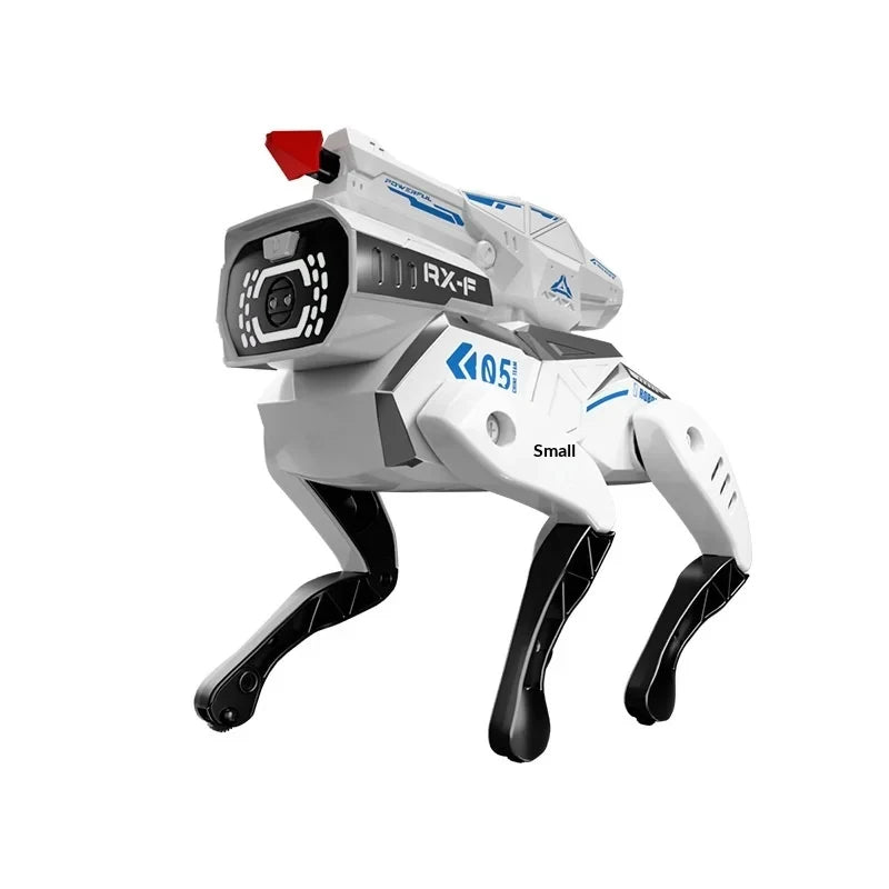 Perro robot blanco con patas negras y pantalla LED verde, vista completa