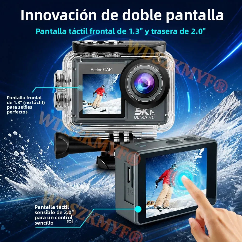 Cámara de Acción 5K 4K Resistente al Agua, Cámara de Buceo Subacuática 30M, Pantalla Dual Táctil de 2.0+1.3 Pulgadas, Kit Antivibración EIS para Casco de Motocicleta/Bicicleta