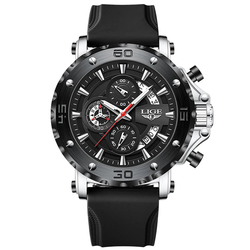 Nuevo reloj deportivo original LIGE para hombre, resistente al agua, luminoso, con cronógrafo y fecha, reloj de cuarzo con correa de silicona