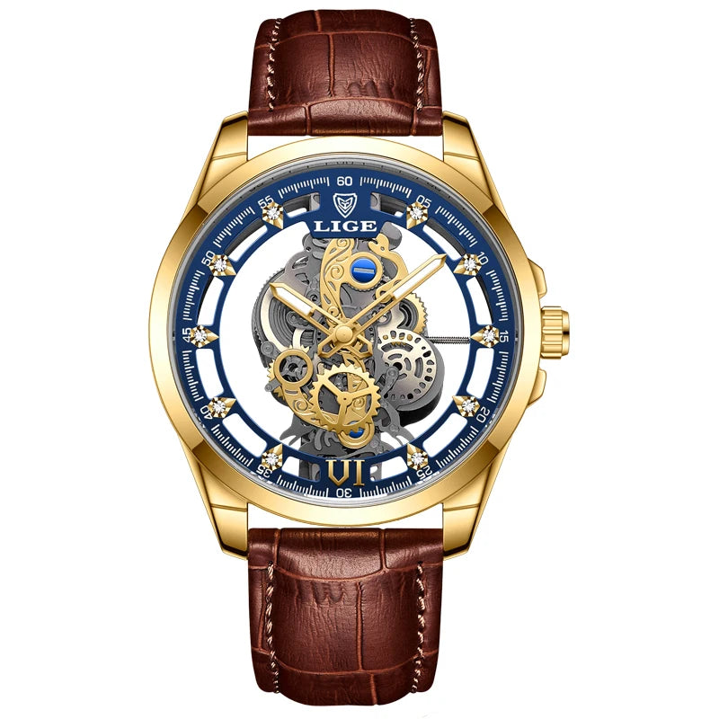 Reloj automático de cuarzo LIGE para hombre, reloj esqueleto dorado, reloj vintage para hombre, relojes de hombre de marca de lujo