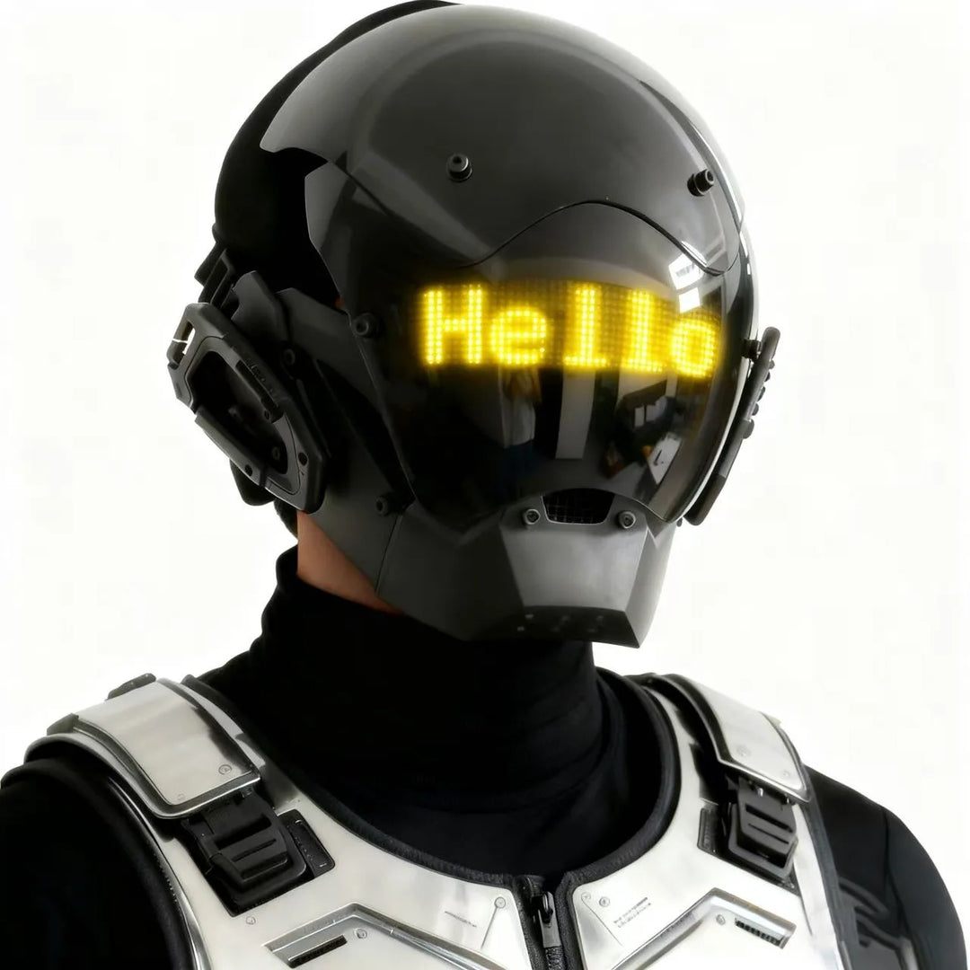 Máscara de casco LED de estilo cyberpunk con pantalla integrada, controlable mediante aplicación, diseño tecnológico de cobertura total para Halloween, fiestas de disfraces, festivales de música.