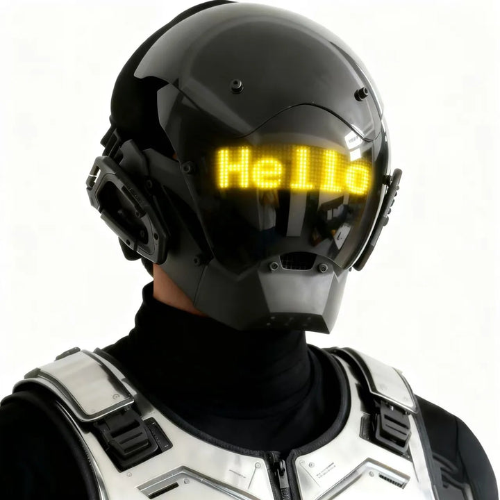 Máscara de casco LED de estilo cyberpunk con pantalla integrada, controlable mediante aplicación, diseño tecnológico de cobertura total para Halloween, fiestas de disfraces, festivales de música.