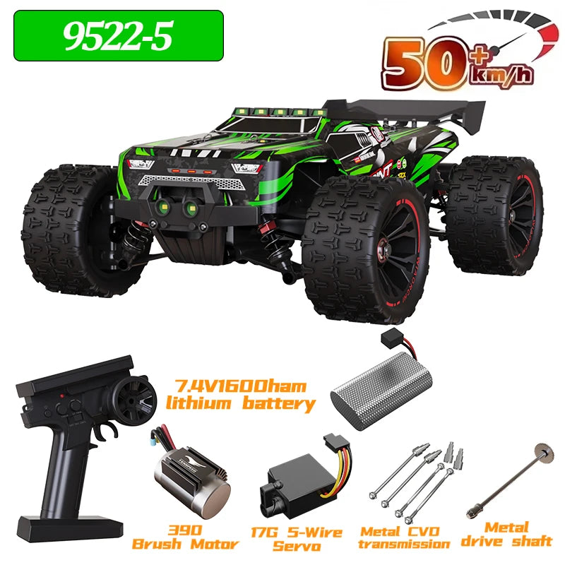Coche RC 50 km/h verde y negro con neumáticos todoterreno; incluye control y baterías