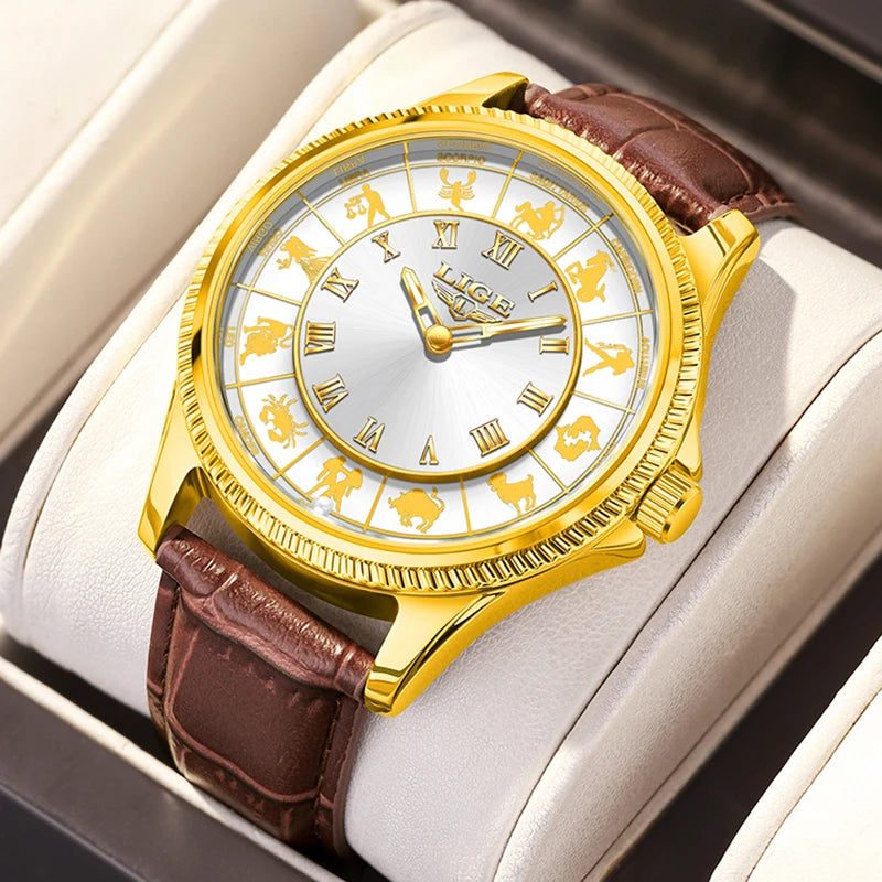 LIGE Zodiac Men Watch Top Brand Luxury Leather Roman Numeral Quartz Watch Men Fashion Business Luminous Wristwatch Gift for Men