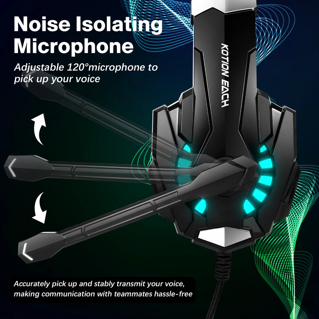 Auriculares gaming con cable G9000 Pro, micrófono con cancelación de ruido, luz LED y sonido estéreo para PS4, PC, Xbox One, Switch y mando de PS5