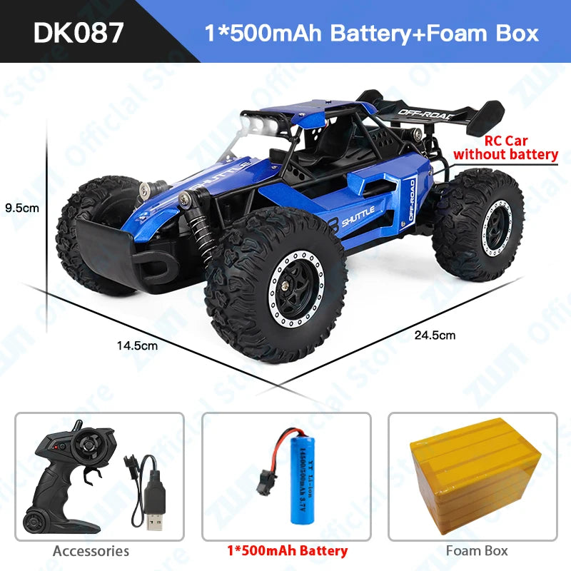 Coche RC todoterreno azul con luces LED delanteras y suspensión visible