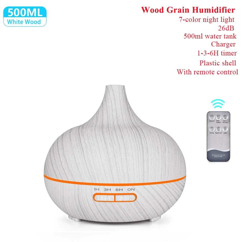 Humidificador de aceite esencial con Control remoto, difusor de Aroma ultrasónico con LED de 7 colores, 300ml, 500ml, para el hogar