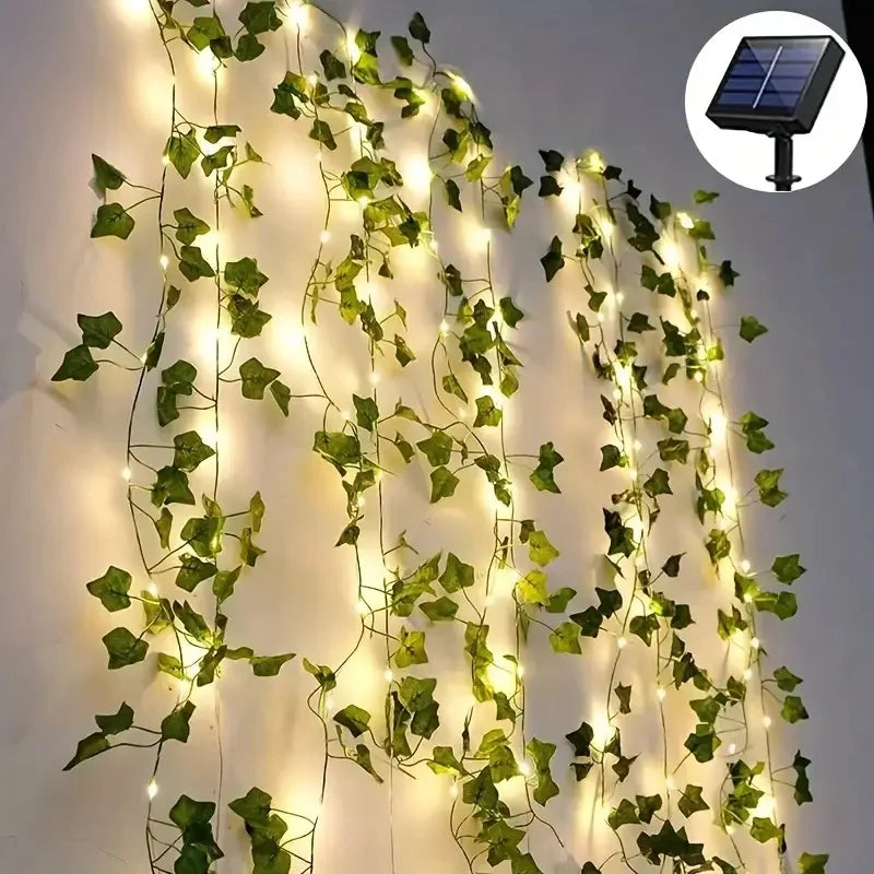 Guirnalda de 50/100 luces LED verdes con hojas de hiedra artificial y energía solar, con 8 modos para decoración de jardines, bodas y Navidad