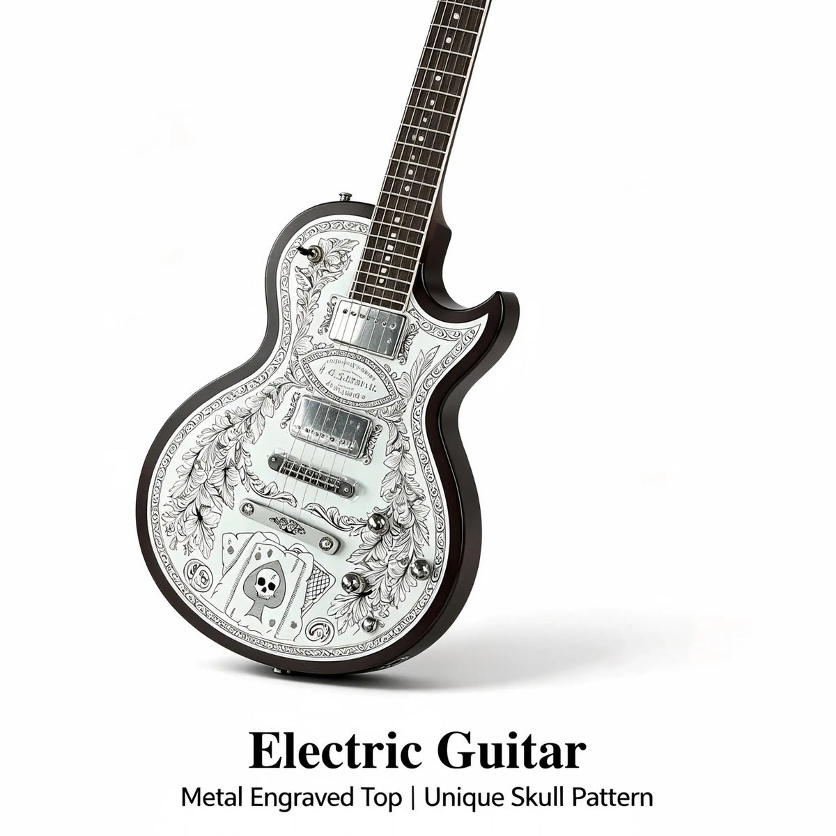Guitarra eléctrica con tapa de aluminio grabado, cuerpo de caoba, incrustaciones de ébano en la tapa, doble sistema de pastillas humbucker, puente fijo cromado, 22 trastes.