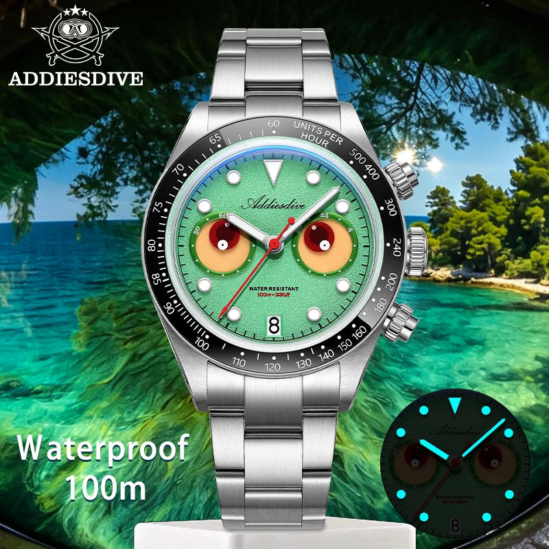 Reloj de lujo para hombre ADDIESDIVE AD2557 con esfera divertida, cronógrafo Meca-Quartz VK64, bisel de cerámica de 40 mm, luminiscencia BGW9 y resistente al agua hasta 100 m