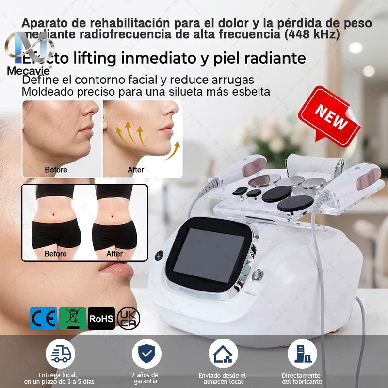 Máquina de Terapia Tecar Mecavie 448KHz Indiba Mejorada |   Sondas CAP/RES + Cuchilla Fascial, Adelgazamiento, Alivio del Dolor y Rejuvenecimiento de la Piel
