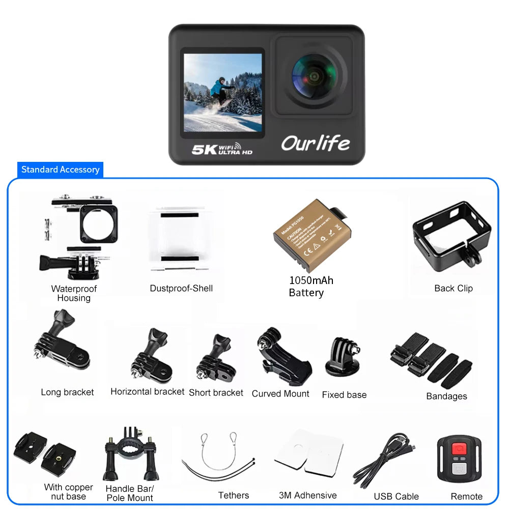 Cámara de Acción Ourlife MTR60 con Pantalla Táctil de 2.0'' y EIS 170 °   Cámara Web 30M Resistente al Agua con Zoom 5X, Cámara Deportiva WiFi 5K con Control Remoto