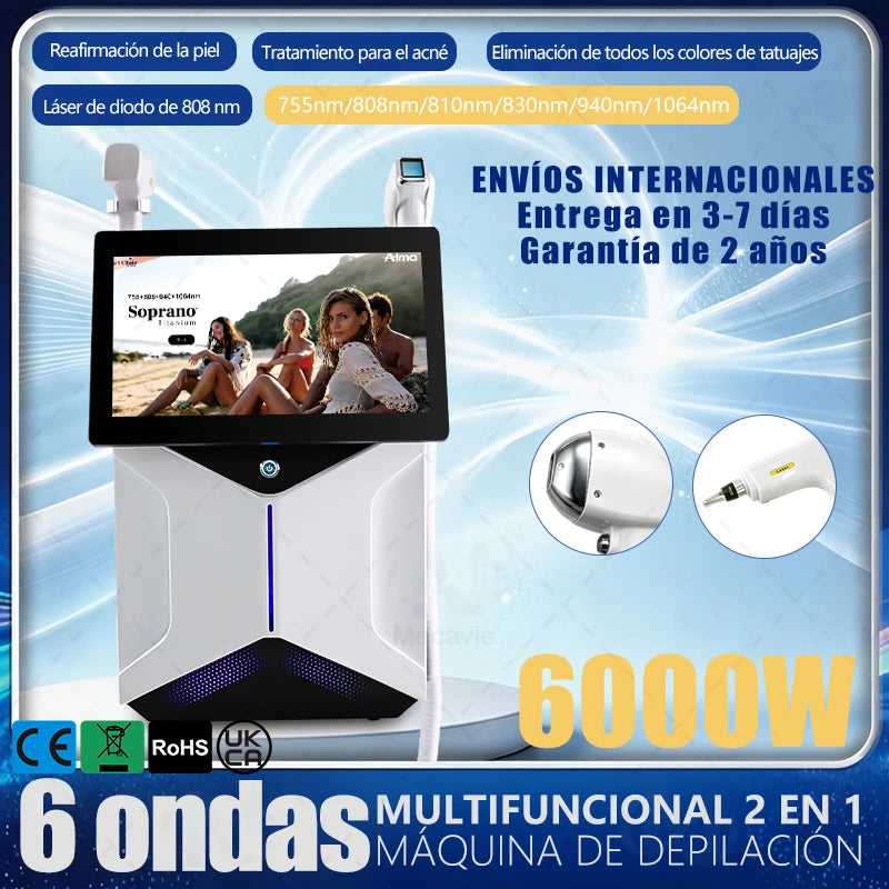 Máquina Láser de Diodo Profesional Soprano 2 en 1 de 5000W 755/808/830/940/1064nm para Depilación y Eliminación de Tatuajes con Sistema de Enfriamiento por Hielo
