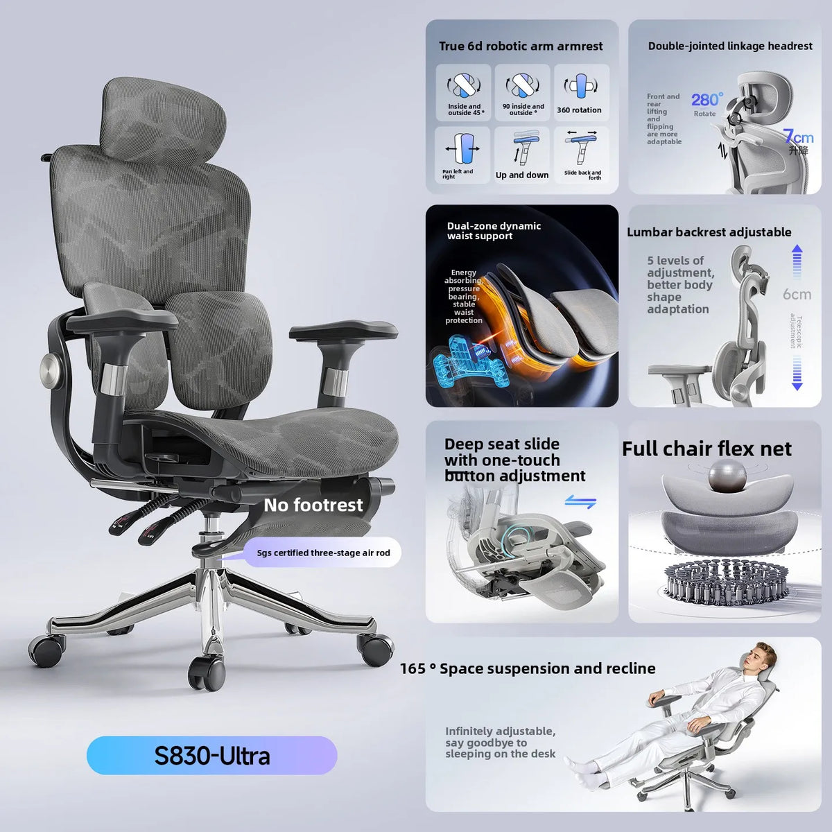 Silla ergonómica gris con reposacabezas, soporte lumbar de malla y reposabrazos