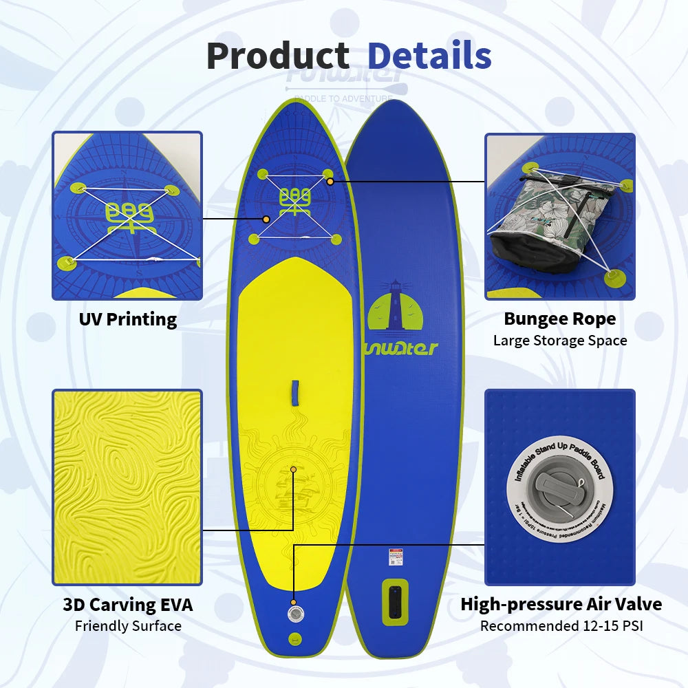 Tabla de paddle surf inflable FunWater, tabla SUP de 320–385 cm con plataforma antideslizante, tabla de paddle surf portátil para surf, turismo, pesca y deportes acuáticos