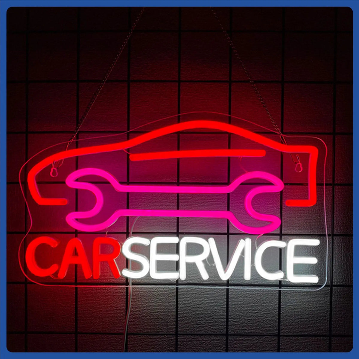 Letrero LED tipo neón de coche con contorno rojo y texto CAR SERVICE rosa