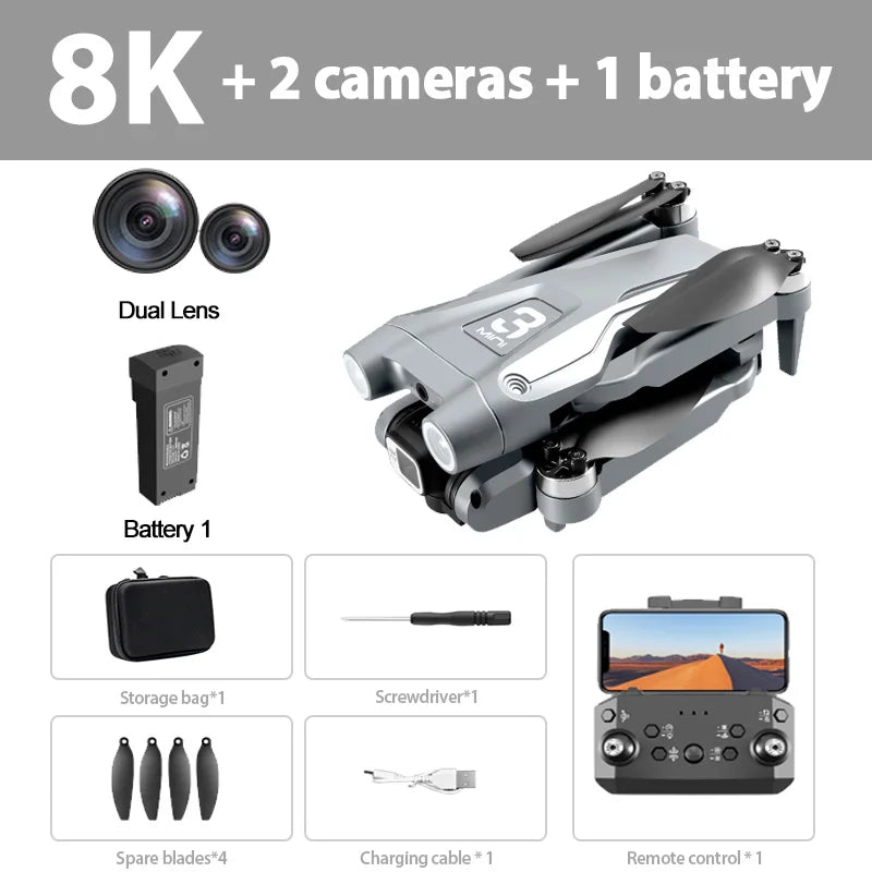 Kit de dron RC con dron gris claro, batería, hélices, cable y control remoto