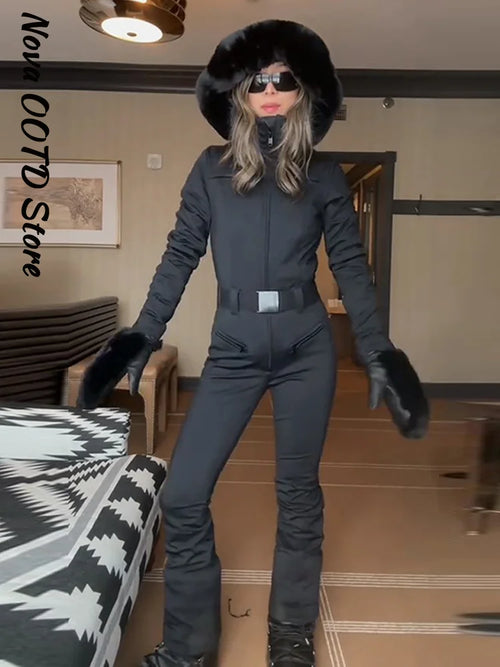 Mono de Esquí con Capucha de Piel Negra para Mujer, Ajustado, Impermeable, Cortavientos, Ropa de Esquí 2026, Mono de Nieve Deportivo Cálido para Mujer, Nuevo