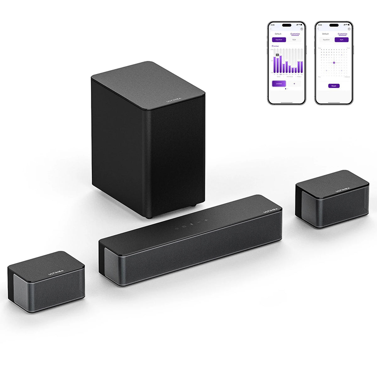 Conjunto de barra de sonido negra, subwoofer y altavoces traseros, con control móvil.