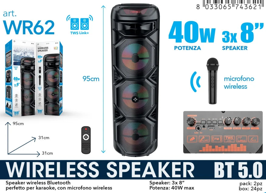 Altavoz Bluetooth de karaoke portátil, sonido estéreo TWS, luz LED, micrófono inalámbrico + control remoto, audio para fiestas al aire libre
