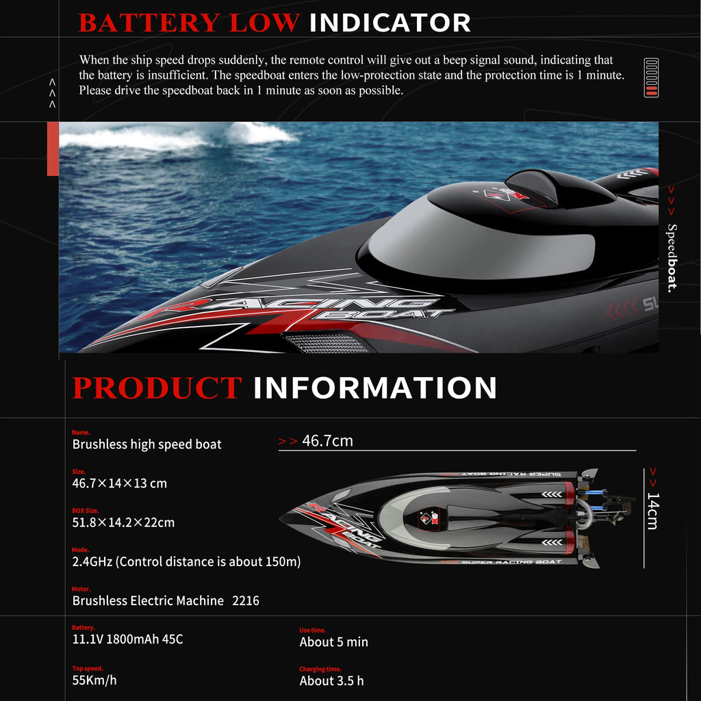Lancha RC de alta velocidad WLtoys WL916, 2.4G, 55 KM/H, barco de carreras con motor sin escobillas, lancha rápida a control remoto, juguete para adultos con 2 baterías, modelo autoenderezable