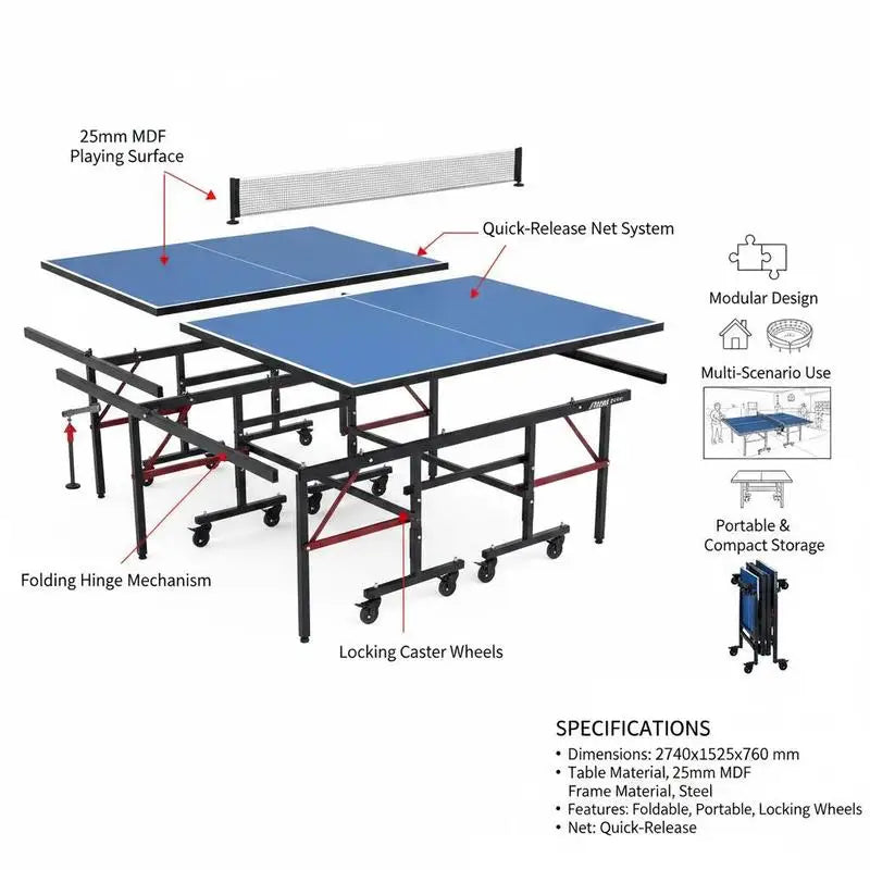 Mesa de ping pong plegable de MDF, tablero de 25 mm, ruedas bloqueables, red rápida, montaje en 10 minutos, interior, envío a Europa