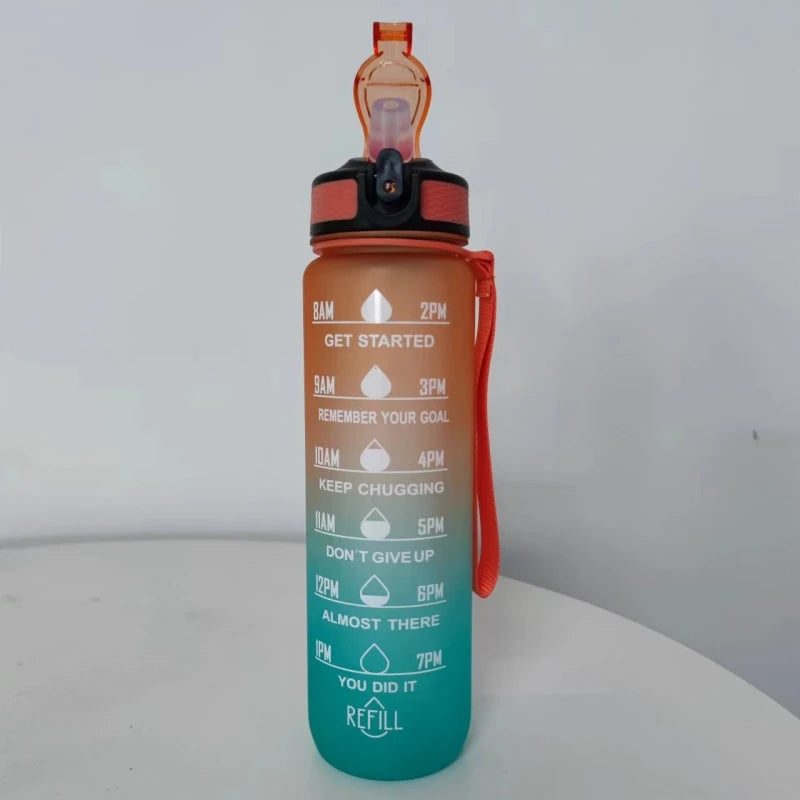Botella de agua portátil de 1 litro con pajita, botella de agua deportiva motivacional, botellas a prueba de fugas para beber, jarras de Fitness para viajes al aire libre