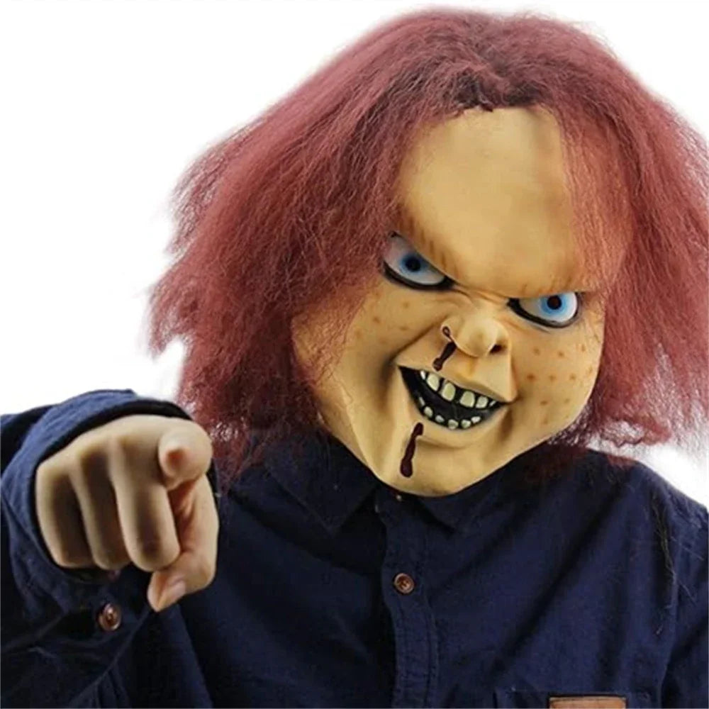 Máscara de Chucky de Child's Play, máscara de látex de asesino terrorífico para Halloween, disfraz de fiesta, accesorios de cosplay de Chucky, cubierta para la cabeza.
