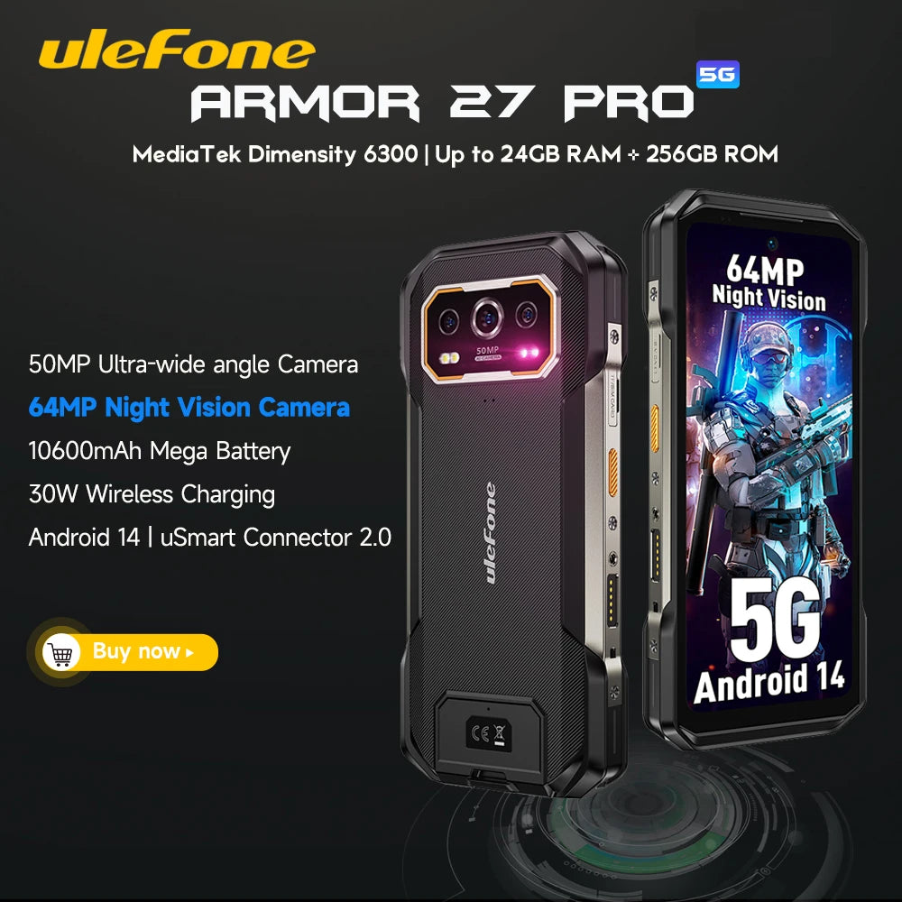 Teléfono resistente Ulefone Armor 27 Pro 5G, smartphone de 10600mAh, Android 14, cámara de visión nocturna de 50MP+64MP, hasta 24GB+256GB, NFC