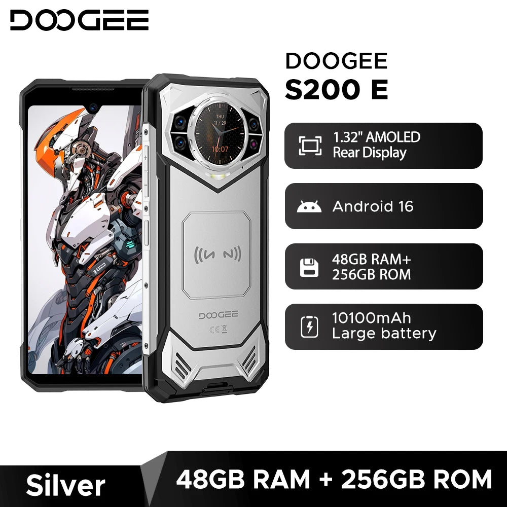Estreno mundial del teléfono resistente DOOGEE S200E 5G, pantalla trasera de 1,32", 10100 mAh, 48 GB de RAM (8 GB + 40 GB), 256 GB de ROM, pantalla de 6,72", Android 16