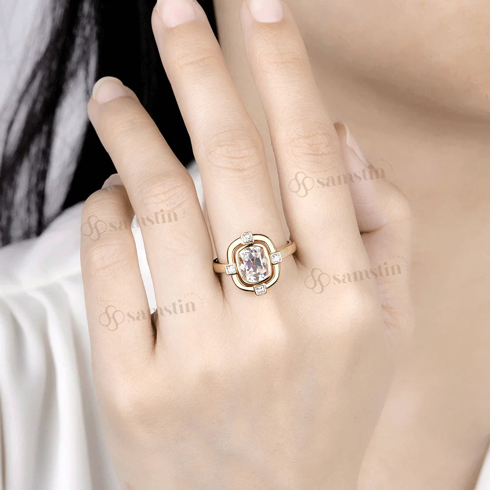 Anillos Samstin 3CT OMC de Moissanita para Mujer, Oro Amarillo Sólido de 14K/10K, Corte Cojín, Anillo de Diamantes para Regalos de Aniversario y Navidad