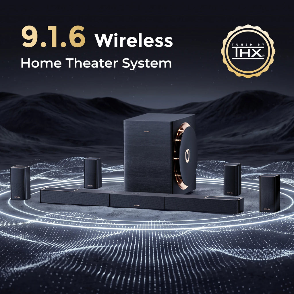 Sistema de cine en casa inalámbrico negro con subwoofer central y satélites alrededor.