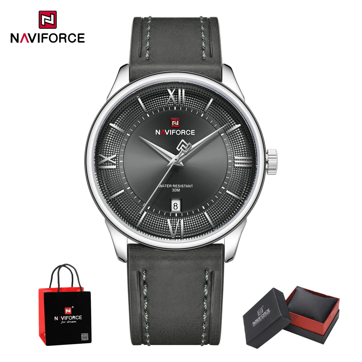 Reloj de cuarzo para hombre NAVIFORCE de negocios, resistente al agua 3ATM, correa de cuero auténtico, visualización de fecha, reloj de pulsera para hombre, caja de regalo