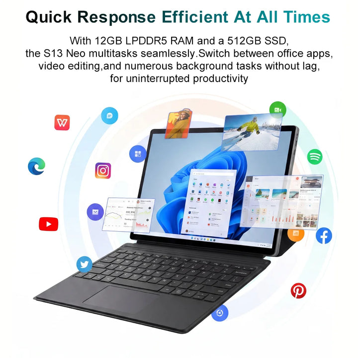 Ninkear S13 Neo Portátil Tablet 2 en 1, Pantalla IPS 3K de 13 Pulgadas Formato 3:2, Intel N150, Teclado Magnético Desmontable, Batería de Larga Duración, Conectividad Versátil y Funciones de IA