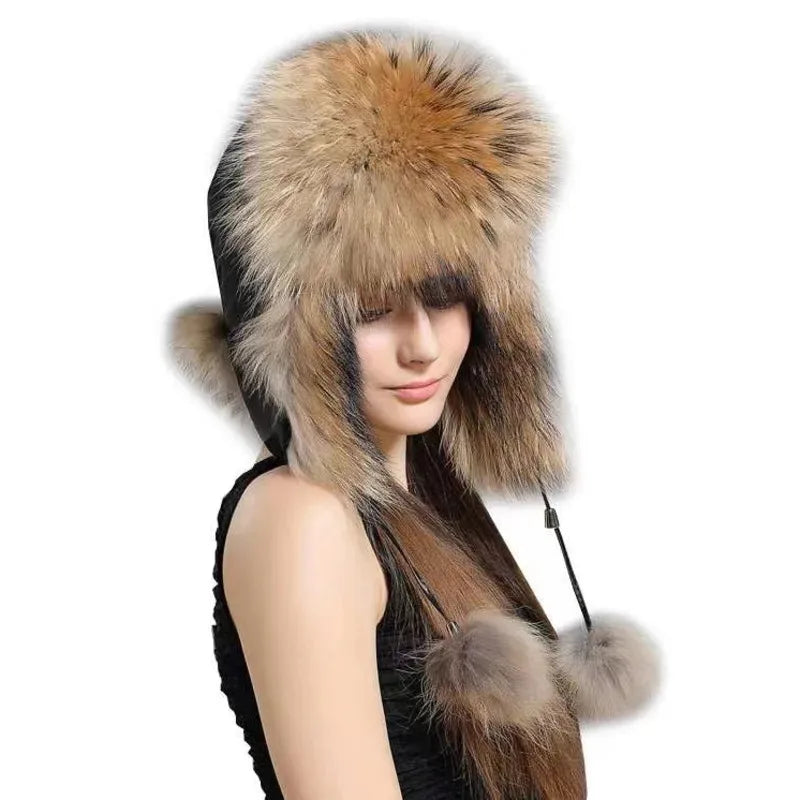 Gorro de piel de zorro auténtica para mujer, moda de invierno, gorros cálidos de Lei Feng, gorros de esquí al aire libre rusos, gorro de piel Natural, gorro de piel gruesa peluda