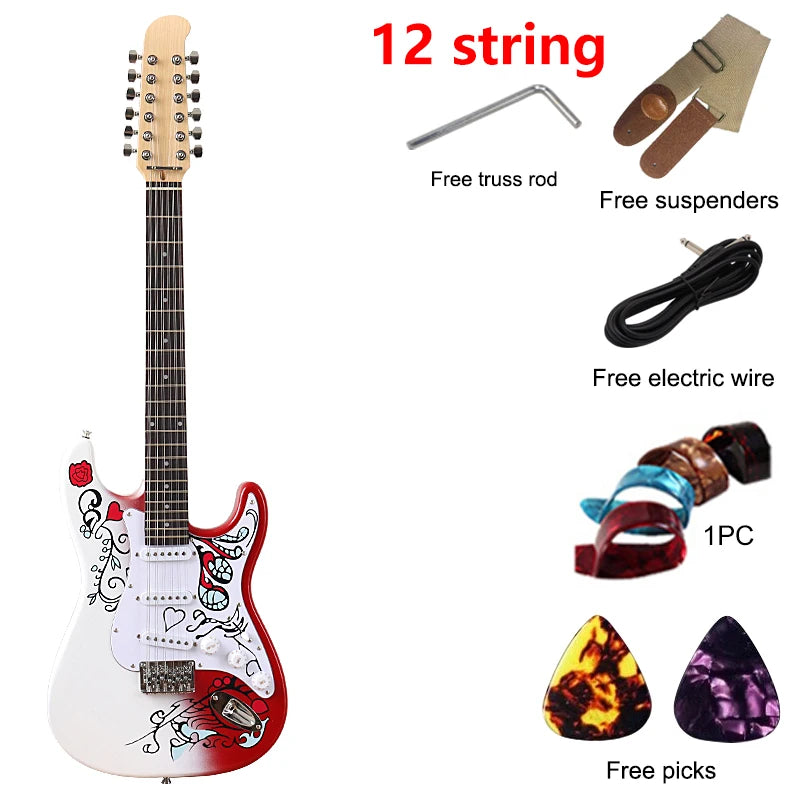 Guitarra eléctrica de 12 cuerdas de alto brillo con patrón, cuerpo Okoume de 39 pulgadas con mástil de arce asado, Color rojo, buena artesanía