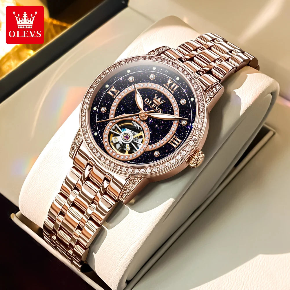 Reloj mecánico automático OLEVS 7036 para dama, esfera con diamantes, diseño de volante, marca TOP, elegante reloj para mujer, nueva tendencia