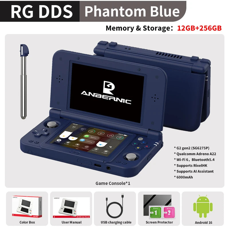 Consola de Juegos Portátil Retro Anbernic RG DDS con Pantalla IPS de 4.7"/4" Doble, Batería de 6000mAh, Android, 16 Juegos, Compatible con Asistente de IA y Streaming