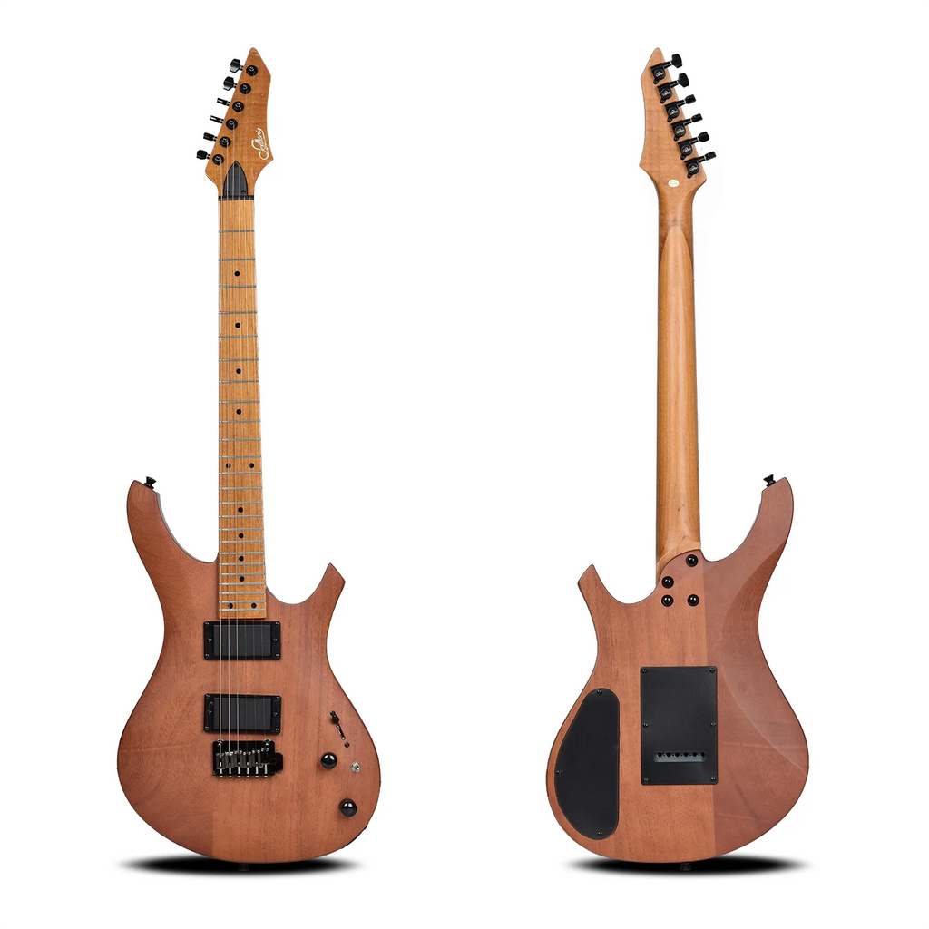 Guitarra eléctrica de estilo rock profesional con acabado brillante, 24 trastes, pastillas HH, herrajes cromados y 6 cuerdas, ideal para músicos que actúan en vivo.