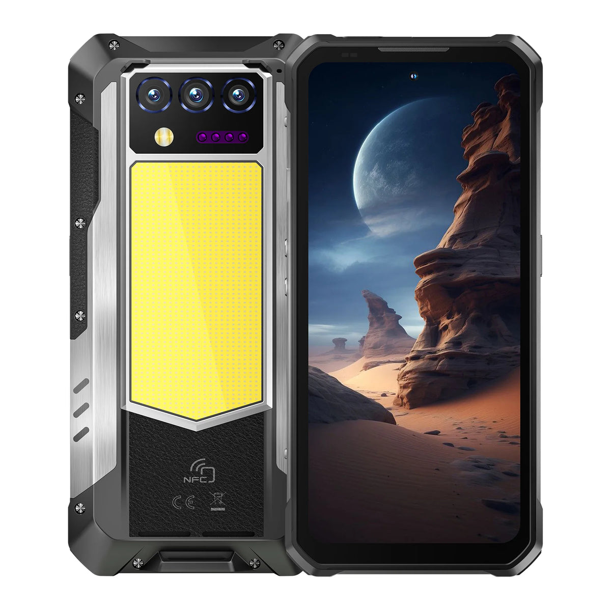 Teléfono resistente OUKITEL WP100 Plus 36GB (12+24)+512GB, pantalla de 6.8" 120Hz, 33000mAh, carga rápida de 66W, carga inversa de 18W, luz de camping de 1200 lúmenes, cámara de 64MP, MediaTek Helio G100, Gemini AI, NFC, ESIM, Android