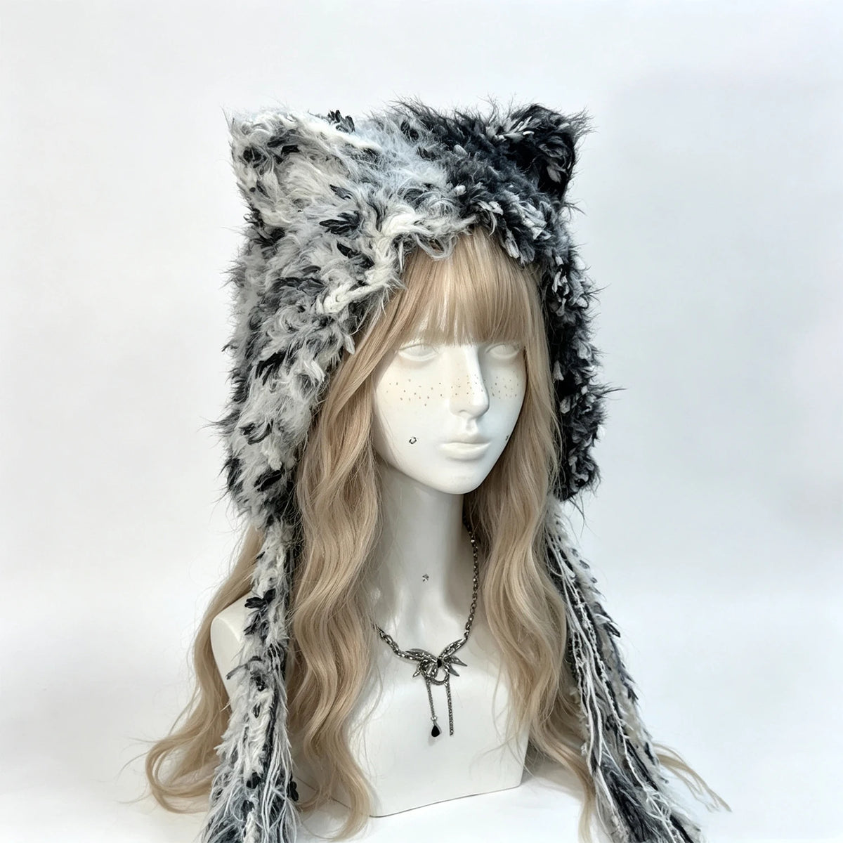 Gorro de invierno cálido, tejido a mano, personalizado, de ganchillo, negro y gris, con orejas de gato, peludo, estilo gótico, kawaii, lolita, cosplay, para hombre y mujer.