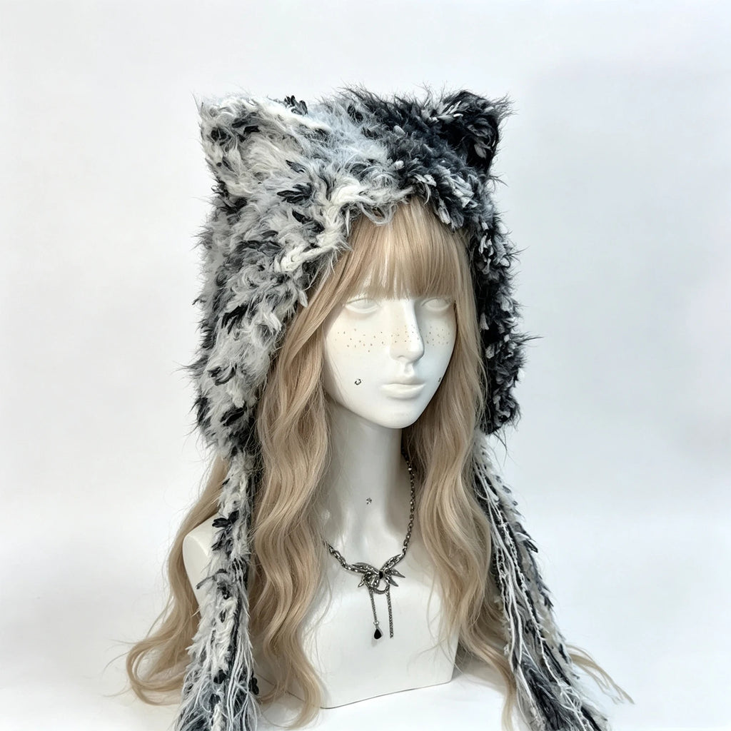 Gorro de invierno cálido, tejido a mano, personalizado, de ganchillo, negro y gris, con orejas de gato, peludo, estilo gótico, kawaii, lolita, cosplay, para hombre y mujer.